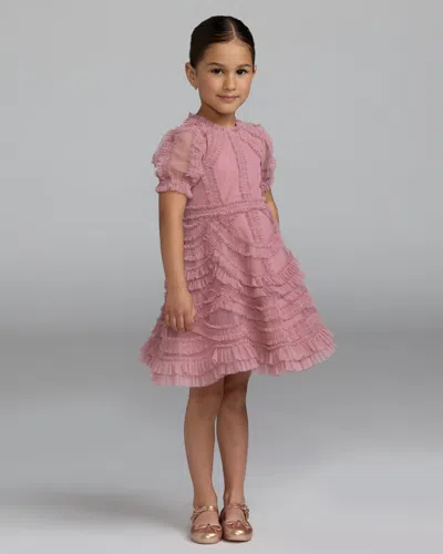 Mac Duggal Girls Pink High Neck Puff Sleeve Ruffle Mini Dress In Antique Rose