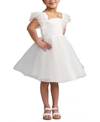 Mac Duggal Kids'  Girls White Ruffle Shoulder Tulle Dress In Multi