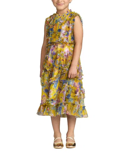 Mac Duggal Girls' Sleeveless Mesh Ruffle High Neck Dress - Little Kid, Big Kid In Yellow