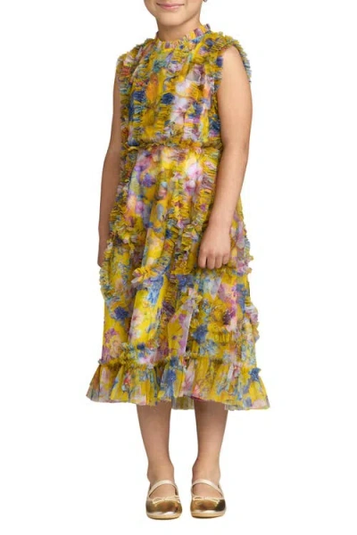 Mac Duggal Girls' Sleeveless Mesh Ruffle High Neck Dress - Little Kid, Big Kid In Yellow
