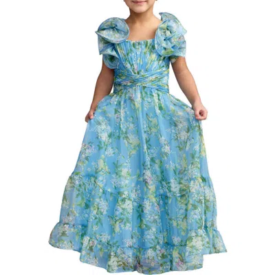 Mac Duggal Kids'  Girls Solid Chiffon Ruffle Shoulder Dress In Blue
