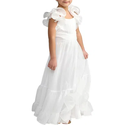 Mac Duggal Kids'  Girls Solid Chiffon Ruffle Shoulder Dress In White
