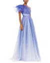 Mac Duggal Glitter Ombre Ruffled One Shoulder Ballgown In Blue