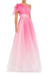 Mac Duggal Glitter Ombre Ruffled One Shoulder Ballgown In Hot Pink Ombre