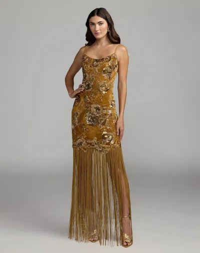 Mac Duggal Gold Embellished Fringe Maxi Dress