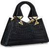 Mac Duggal Gold Plated Hardware Crocodile Embossed Leather Handbag In Black
