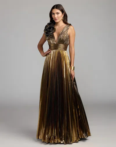 Mac Duggal Gold Sleeveless Metallic V-neck Gown With Ruffle Detail In Antique Gold