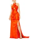 Mac Duggal Halter Neck Ruffle Side Slit Gown