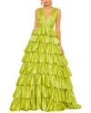 Mac Duggal Ruffle Tiered Pleated Sleeveless V Neck Gown