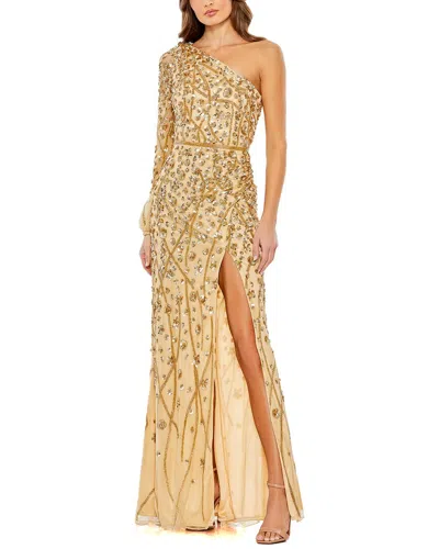 Mac Duggal Embellished One Sleeve Faux Wrap Gown In Gold