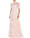 Mac Duggal High Neck Ruffle Tiered Floral Gown