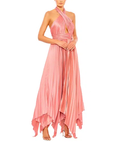 Mac Duggal Pleated Halter Neck Asymmetrical Hem Gown In Rose Pink