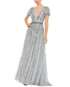 Mac Duggal Stripe Sequin V-neck Gown
