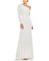 Mac Duggal One-shoulder Gown With Dramatic Puff Sleeve And Thigh-high Slit In White