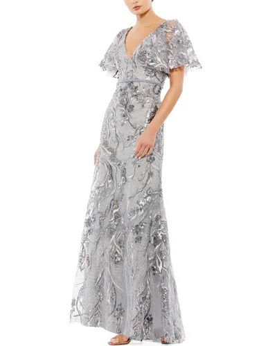 Mac Duggal Embellished V Neck Butterfly Sleeve Trumpet Gown In Platinum