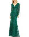 Mac Duggal Embellished Wrap Over Long Sleeve Gown