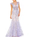 Mac Duggal Embellished Cap Sleeve Cowl Neck Trumpet Gown In Beige