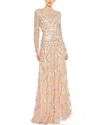 Mac Duggal Embellished Illusion High Neck Long Sleeve A Line Dress In Beige