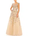 Mac Duggal Embellished Long Sleeve Drop Shoulder A Line Gown In Beige