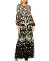 Mac Duggal High Neck Floral Embroidered Puff Sleeve Gown In Black