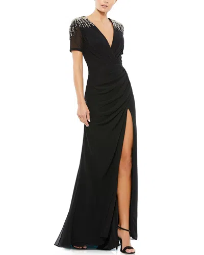 Mac Duggal Sequined Embellished Shoulder Evening Gown In Black