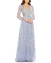 Mac Duggal Long Sleeve Embellished Cut Out A-line Gown In Blue