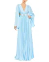 Mac Duggal Long Sleeve Lace-up Back Charmeuse Gown In Blue