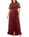 Mac Duggal High Neck Puff Short Sleeve Embellished Faux Wrap In Burgundy