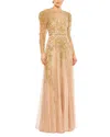 Mac Duggal Beaded Illusion Puff Sleeve Gown In Gold