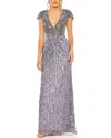 Mac Duggal V Neck Cap Sleeve Embellished Gown In Grey