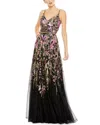 Mac Duggal V Neck Floral Embellished Spaghetti Strap Gown In Multi