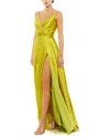 Mac Duggal Wrap Front Pleated Satin Gown In Multi