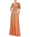 Mac Duggal Embellished V Neck Butterfly Sleeve Column Gown In Multi