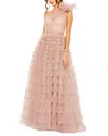 Mac Duggal One Shoulder Faux Bow Feather Tiered A Line Gown In Multi