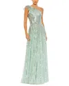 Mac Duggal Sequined One Shoulder Flutter Sleeve A Line Gown In White