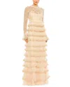Mac Duggal Embroidered Long Sleeve Ruffled Tiered Gown In White