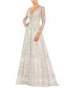 Mac Duggal Embellished Wrap Over Illusion Long Sleeve A-line Dress In White