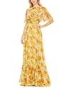 Mac Duggal Floral Print High Neck Cape Sleeve A Line Gown In Yellow