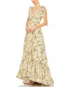 Mac Duggal Floral Print Soft Tie Sleeveless Tiered Gown In Yellow