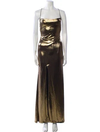 Pre-owned Mac Duggal Graphic Print Long Dress In Gold