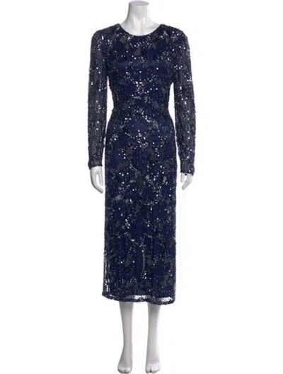 Pre-owned Mac Duggal Graphic Print Midi Length Dress In Blue