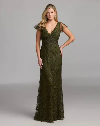 Mac Duggal Green Embroidered Applique Wrap Over Flutter Sleeve Gown In Olive