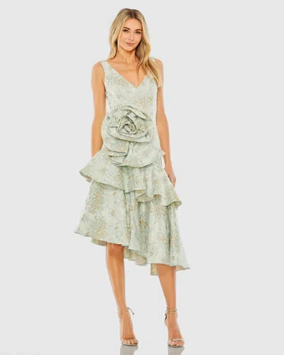 Mac Duggal Green Floral Brocade Asymmetrical Hem Dress With Rosette - Final Sale In French Blue