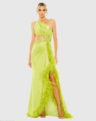 Mac Duggal Green One Shoulder Key Hole Detail With Feather Lining - Final Sale In Lime (final Sale)