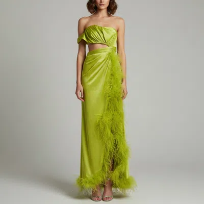 Pre-owned Mac Duggal Green Satin One-shoulder Feather Trim Long Dress S