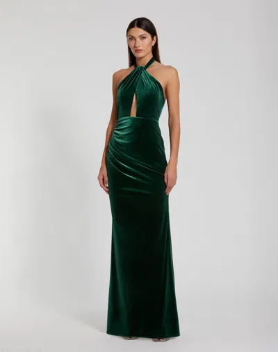 Mac Duggal Twist Neck Open Front Velvet Draped Gown In Emerald