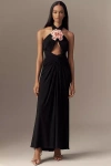 Mac Duggal Halter 3d Rosette Jersey Slim Maxi Dress In Black