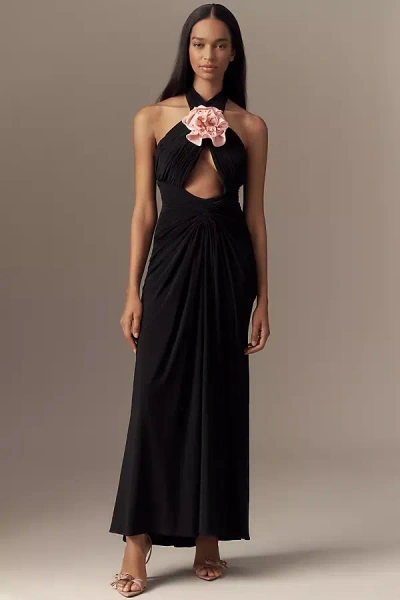 Mac Duggal Halter 3d Rosette Jersey Slim Maxi Dress In Black