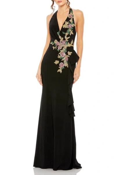 Mac Duggal Black Halter Floral Embellished Column Gown