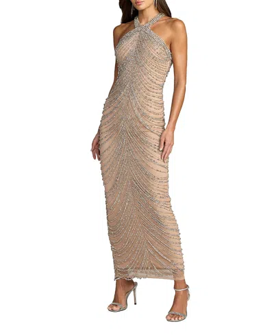 Mac Duggal Halter Neck Embellished Maxi Dress In Neutral